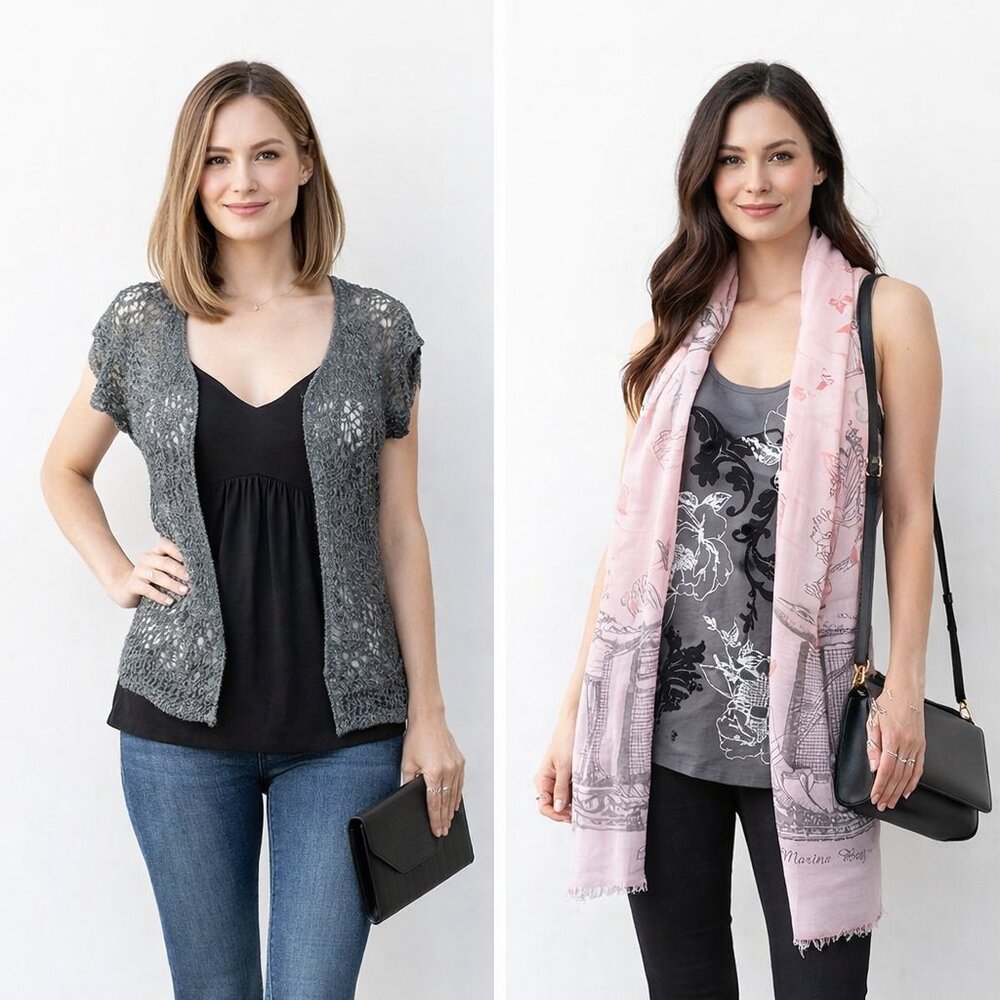 Makali Knit Gray Vest + Express Tank Top + Black LOFT Blouse + Pink Scarf Bundle